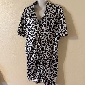 Jess Lea Black and White Animal Print Button-Up Pajama Dress Night Gown